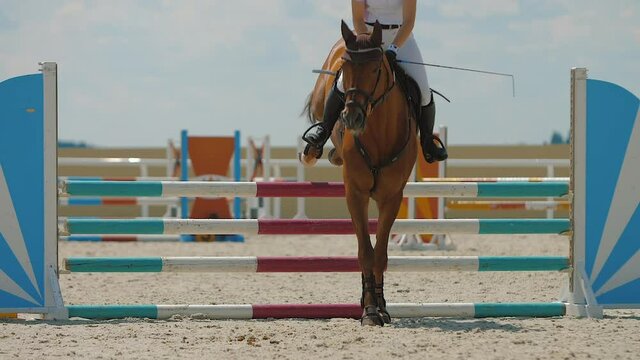 Horse jumping over barrier on sandy parkour riding arena equestrian competition