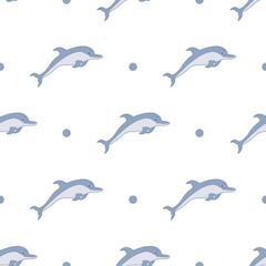 Cute dolphin seamless pattern on isolated white background. 