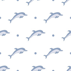 Fototapeta premium Cute dolphin seamless pattern on isolated white background. 