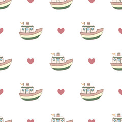 Cute boat seamless pattern vector on isolated white background.