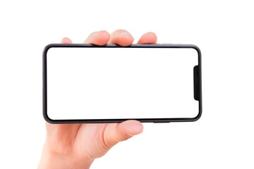 One Hand holding new smartphone on over white background in horizontal view. Smartphone isolate.