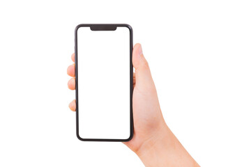 One Hand holding new smartphone on over white background in vertical view. Smartphone isolate.