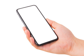 One Hand holding new smartphone on over white background. Smartphone isolate.