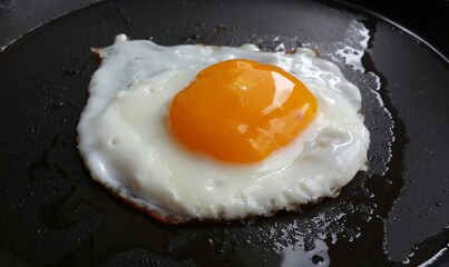 yummy fried egg on a black surface . food close up.