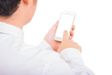 Man in white suit use smart phone with hand holding new smartphone and looking it with over white background, rear view. Business concept.