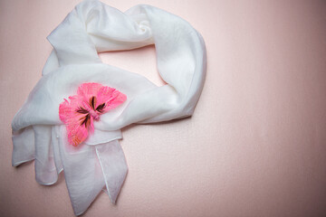 Fototapeta na wymiar white silk scarf and pink butterfly brooch isolated on pink