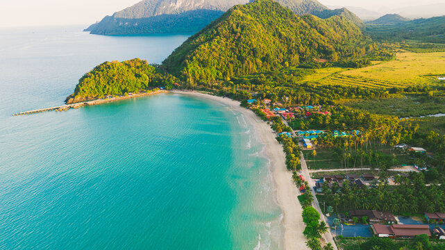 Beach and Sea and mountain  Top View , Wave of Turquoise ocean water on sandy beach, High angle view sea and sand background, Aerial top view of Khanom beach, Khanom, Nakhon Si Thammarat Thailand