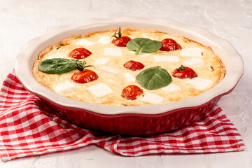 homemade pie, spinach and feta cheese, turkish cuisine. Diet menu. Vegan food. Flat lay. Banner. Top view