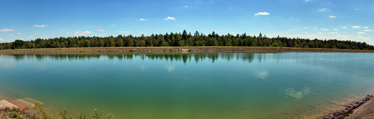 Panorama, canal, empty, water, wide, embankment, rockfall, spruce forest
