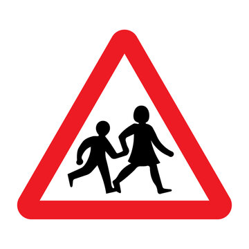 School Children Traffic Sign. Red Triangle Warning Road Sign With Two School Children Crossing Inside. School Zone Symbol. Beware Kids Crossing Road. Vector Illustration.