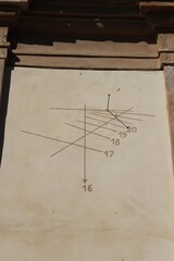 sundial on the wall of Santa Severa’s Castle .Sundial is a timekeeping and measuring device.One...