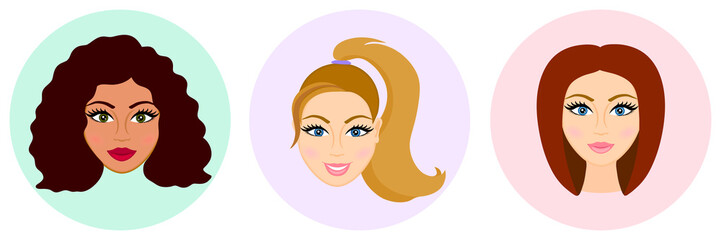 Women avatar set. Lady's haircuts set: short, wavy, ponytail