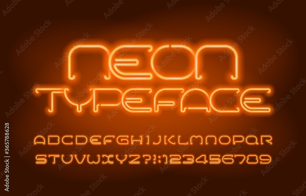 Fototapete neon alphabet font. orange neon light letters and numbers. blurred background. stock vector typescri