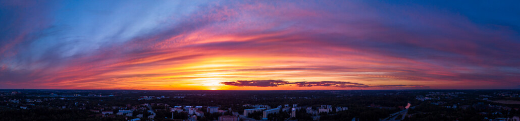 Colorful panoramic sunset over the city of Helsinki, Finland, at 11 pm.