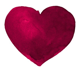 Burgundy watercolor heart shape, background with clear borders and natural splashes. Watercolor brush stains. Copy space.