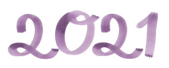 Hand-drawn purple watercolor sign 2021 on a white background. New Year eve illustration of number 2021 for your design. Print for a calendar.