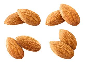 Delicious almonds collection, isolated on white background