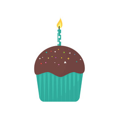 Birthday cupcake with burning candle. Vector illustration isolated on white background. Sweet dessert