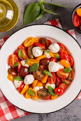 Traditional Caprese salad made of sliced fresh tomatoes, mozzarella cheese and basil