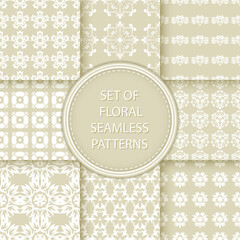 Compilation of floral patterns. White design with flowers on olive green background