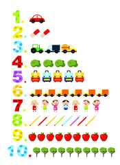 numbers for children with examples, from 1 to 10. Kids learning material. Card for learning numbers. Number 1-10.