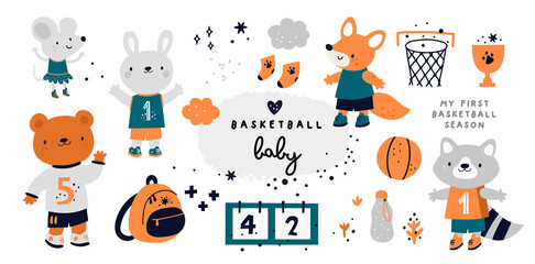 Fototapeta na wymiar Childish collection with cute sportive animal characters. Animals playing in basketball. Sport in school competitions. Raccoon, fox, bear, bunny, mouse and equipment for basketball game