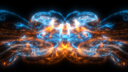 Fluid blue and orange color particles flowing beautiful with depth of field abstract background