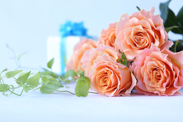 フリルのあるバラの花束とプレゼント