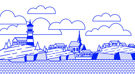 Illustration in the style of a lineart on the marine theme: the sea, the coastal town, boat, lighthouse, rock