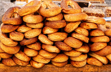Traditional pastry exposed for sale on street stall in the Old City of Jerusalem in Jerusalem, Israel.