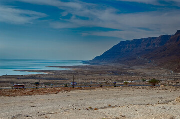 Dry and hot desert landscape along coastal region of Dead Sea in Israel.