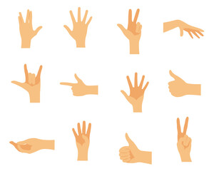 Various gestures of human hands isolated on white background. Illustration in flat style