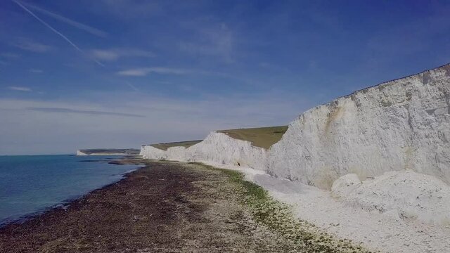 The drone footage of Seven Sisters,Cuckmere Haven, the white cliffs on the south coastline of England.