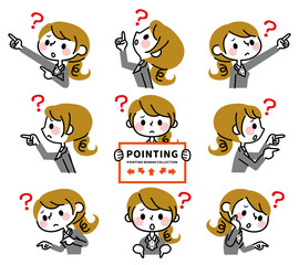 色んな方向を指さすビジネスウーマン　疑問