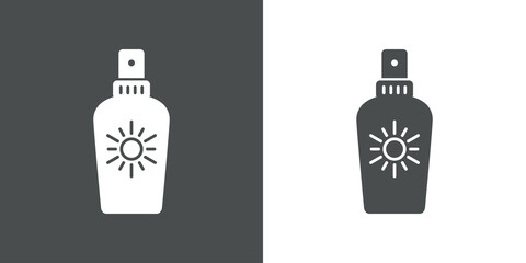 Concepto vacaciones de verano. Icono plano crema solar en aerosol en fondo gris y fondo blanco