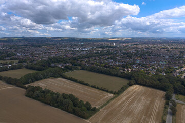 Aerial View of Goring by Sea from fields next to the English Channel on beautiful summers day.