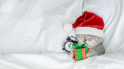 Gray kitten wearing red santa's hat sleeps under blanket with gift box and alarm clock. Top down...