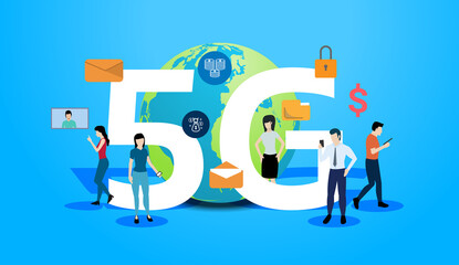 5G new wireless internet on blue background some Elements of this image furnished by NASA