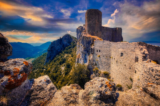 Abandoned Cathar Castle Peyrepertuse, a medieval fortress in the Languedoc Roussillon region of France. 