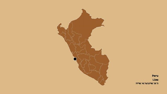 Ucayali, region of Peru, with its capital, localized, outlined and zoomed with informative overlays on a solid patterned map in the Stereographic projection. Animation 3D