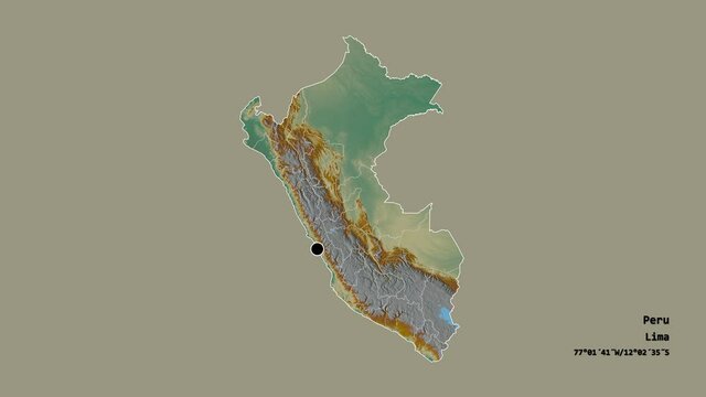 Ucayali, region of Peru, with its capital, localized, outlined and zoomed with informative overlays on a relief map in the Stereographic projection. Animation 3D