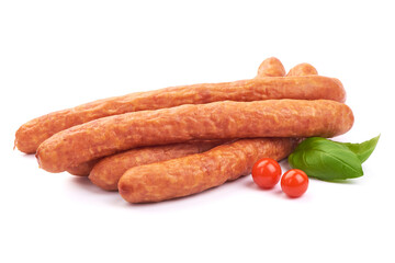 Dried pork sausages with basil leaves, isolated on a white background. Close-up.