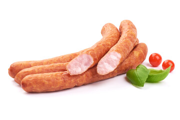 Lithuanian or Polish dried sausages. Sliced Kabanos sausages, isolated on a white background. Close-up.