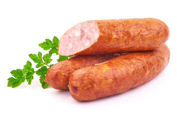 Delicious Smoked Sliced Sausages with Parsley, isolated on a white background. Close-up