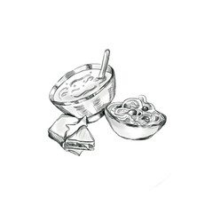 Icons for social networks of coffee shops or cafes. Set of images: coffee to go, cakes, desserts, food, a jug with a drink. Graphic arts. Imitation of watercolor and pencil.