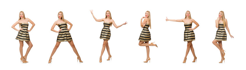 Beautiful girl in gold and black dress isolated on white