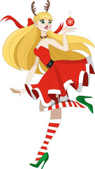 Obraz na płótnie Canvas girl in Santa Claus's Christmas dress holding a New Year's ball