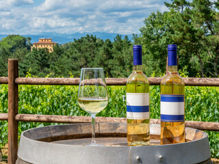 Fototapeta na wymiar Two bottles and a glass of white wine on a wooden barrel with the Tuscan countryside in the background, Italy, on a sunny day
