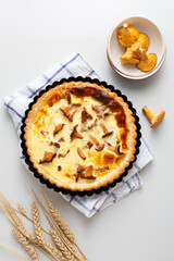 Overhead view open pie with wild mushrooms