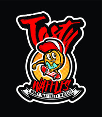 Illustration of a cartoon waffle doing a trick on a skateboard